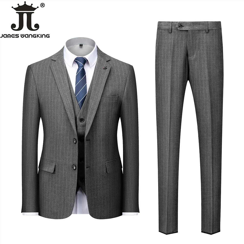 ( Jacket + Vest + Pants ) Luxury Boutique Striped Men's Formal Casual Business Office Suit Groom's Wedding Dress Plaid Suits mens suit