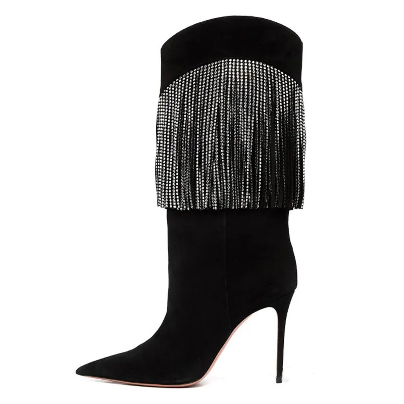 

2022 New Pointed Toe Stiletto High Heel Rhinestone Tassel Fashion Large Size Boots Women's Boots
