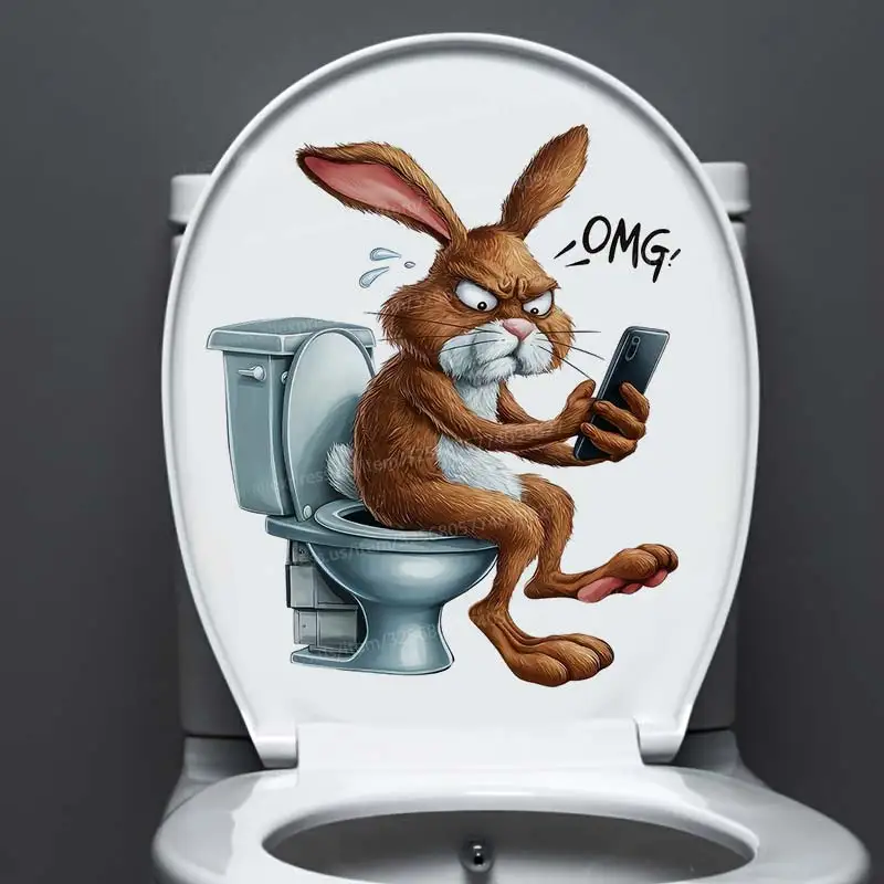 Spoof Series Rabbit-Raccoon-Tiger Play Mobile Phone Toilet Stickers Suitable For Toilet Seat And Water Tank Decoration S189 toilet stickers,toilet wall stickers,toilet seat stickers