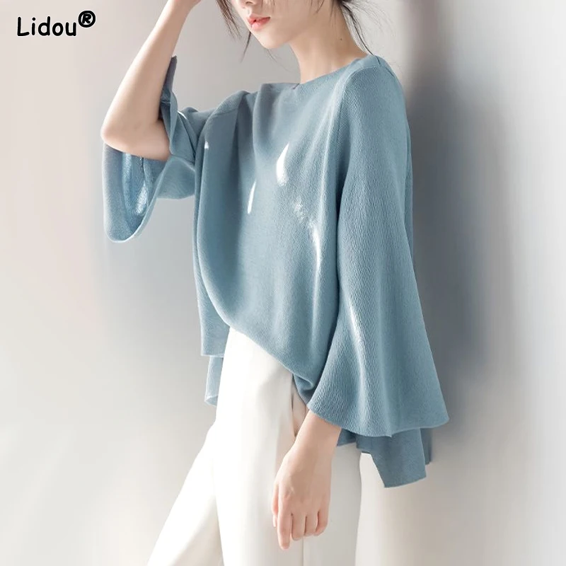 

Three Quarter Sleeve Round Neck Loose Pullovers Solid T-Shirts Temperament Fashion Casual Thin Summer Korean Women's Clothing