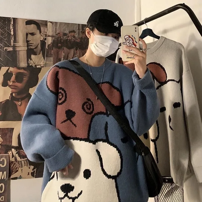 Autumn Winter Men's Thickened Sweater Cartoon Dog Printed Loose Casual Pullover Versatile Long Sleeve Round Neck Knitwear