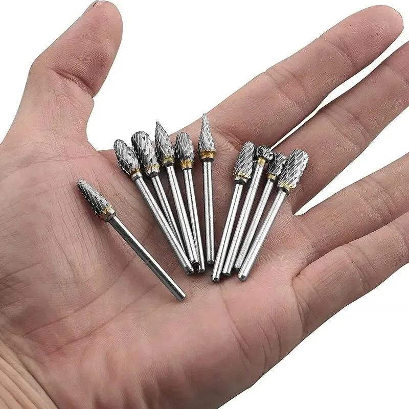 Carbide Burr Set 10pcs Carbide Burr Set Hard Alloy Tungsten Steel Double Cut Rotary File Milling Cutter Head Woodworking Grinding Carvin