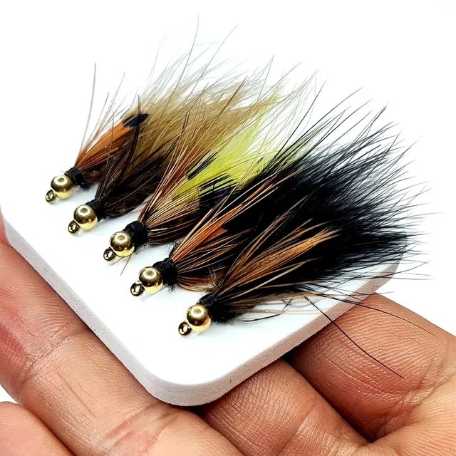 5pcs Woolly Bugger Streamers Fly Fishing Lures Brass Bead Head 1