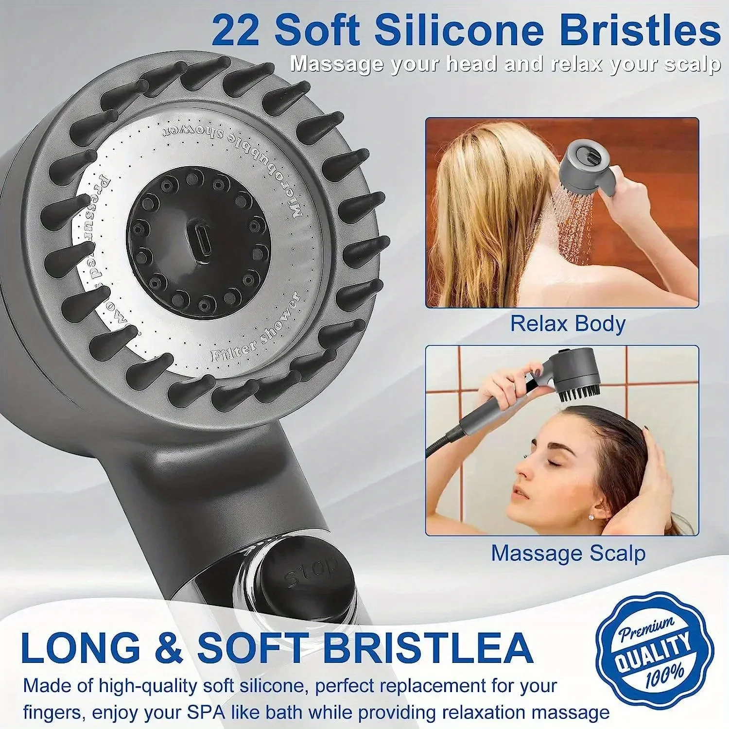 High-pressure shower head with massage brush filter 3 modes adjustable water spray Rain shower faucet Bathroom accessories 2