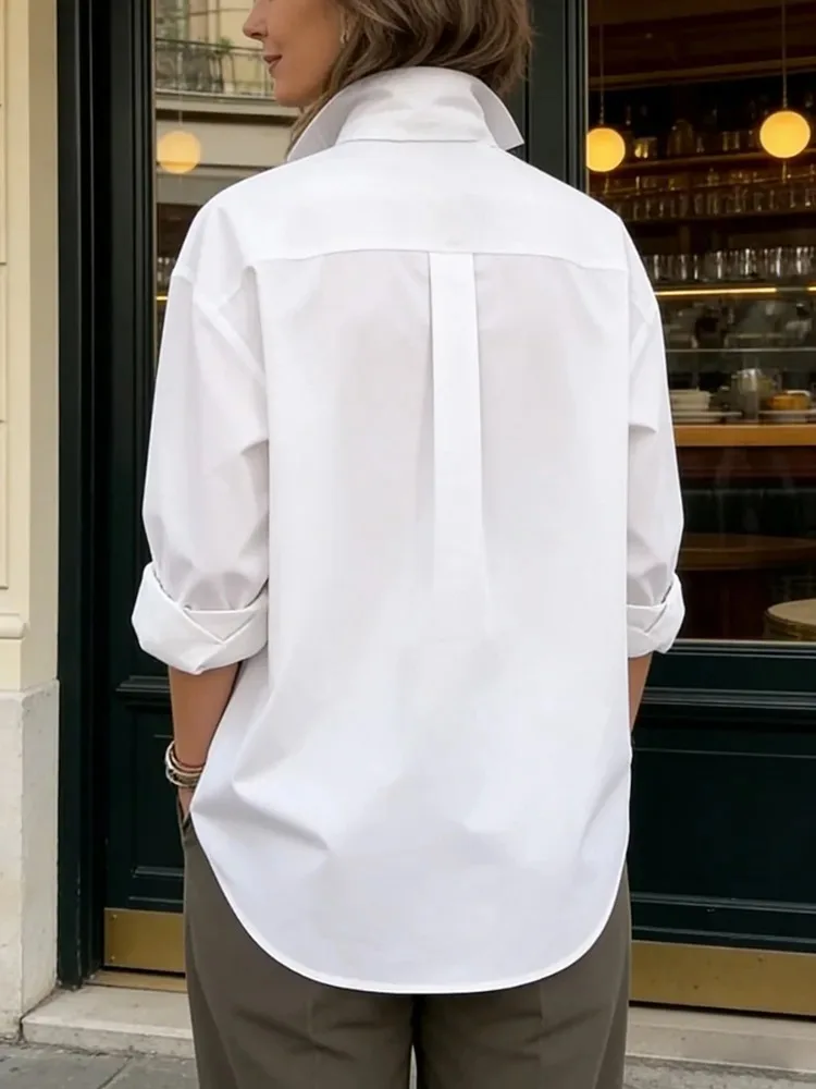 Yeezzi Women's Cotton White Buttoned Shirt 2026 New Elegant Loose Lapel Blouse Casual Long Sleeves Office Tops For Ladies 2