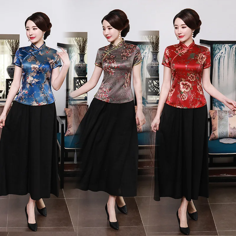 Women Chinese Shirt 3XL-5XL Short Sleeve Cotton Mandarin Collar Print Flower