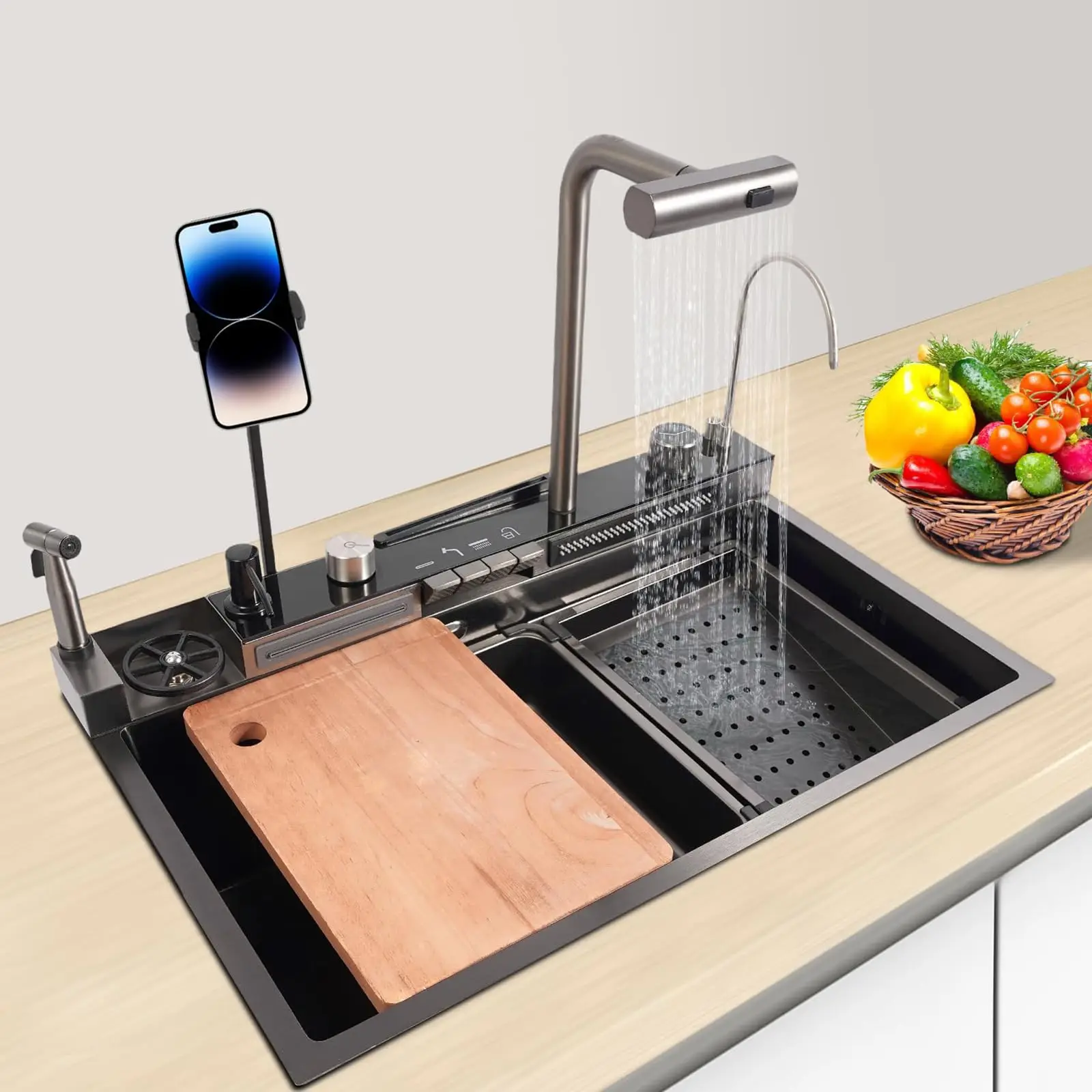 Smart Waterfall Kitchen Sink with Digital Display Nano-coating 304 ...
