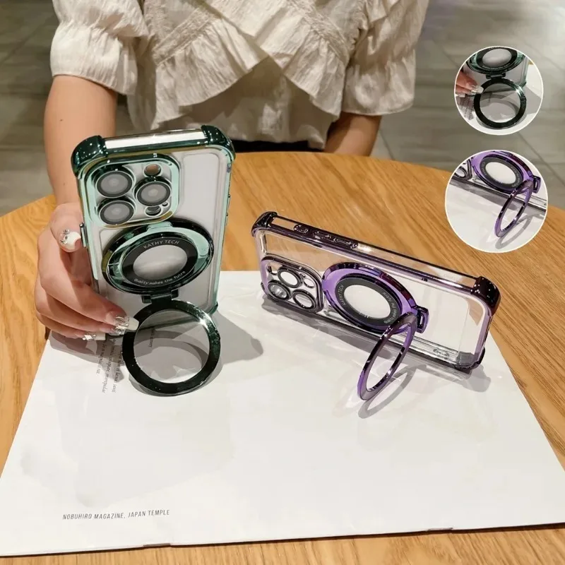 Fashion Plating Shockproof Magnetic Bracket Case with Stand Holder and Clear Cover