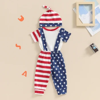Lioraitiin Baby Boys 4th of July Outfit Letter Print Short Sleeve Rompers Stripe Stars Suspender Long Pants Hat 3Pcs Clothes Set 5