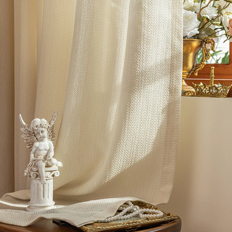 

French Romantic Embossed Curtain Gauze Curtain Light Proof Opaque 2024 New Curtains Bedroom Livingroom Light Luxury Cream Drapes