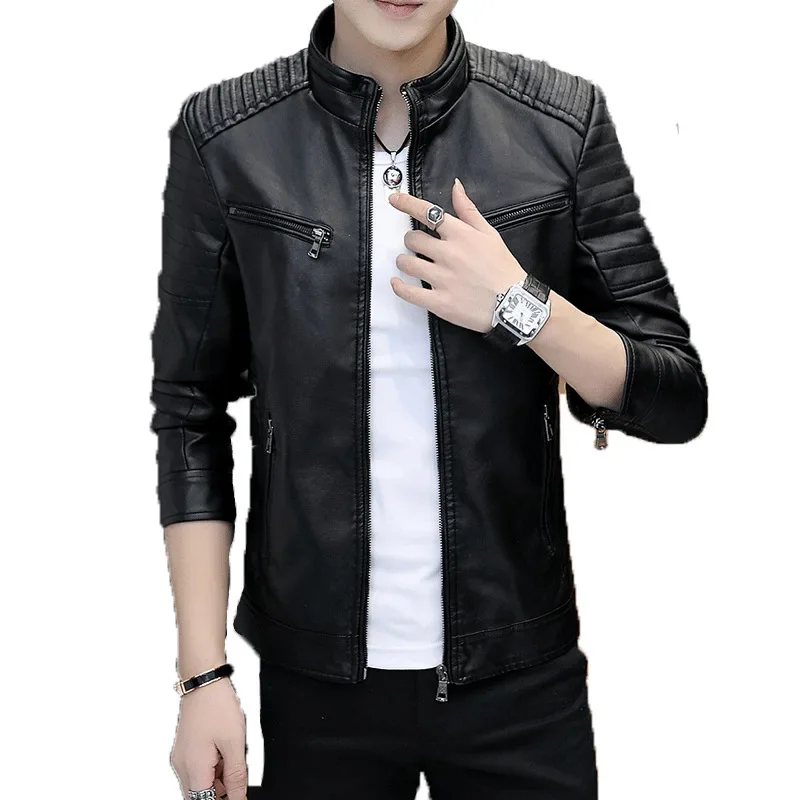 2024 Solid Color Cross-border Leather Jacket For Men Trendy Motorcycle Vest Windproof Slimming Smooths Your Silhouette 5