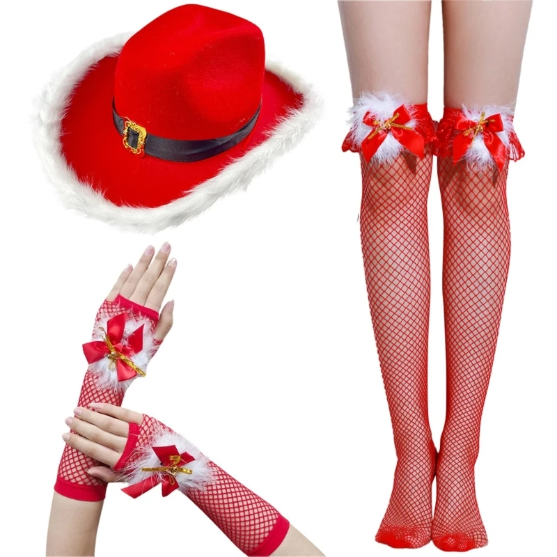 

Y166 Cowboy Santa Hat with Feather Wrist Gloves Mesh Stocking Set for Role Playing
