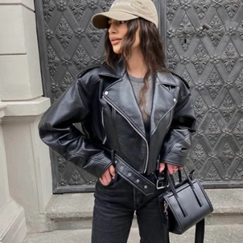 HXAO فو سترة جلدية امرأة معاطف قصيرة حزام المرأة موتو السائق جاكيت زيبرا الشارع ارتداء طويلة الأكمام اقتصاص سترة سوداء 5