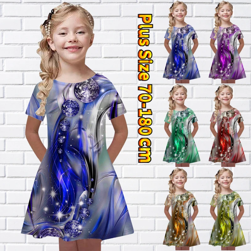 

Летняя Свободная юбка 2022 с коротким рукавом, юбка для девочек с круглым вырезом и абстрактным принтом, модное Повседневное платье принцессы, юбка миди