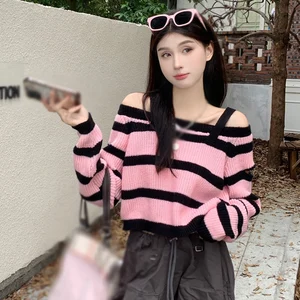 Women Knitted Top Off Shoulder Loose Fitting Striped Contrast Colors Casual Autumn Winter Long Sleeves Sweater