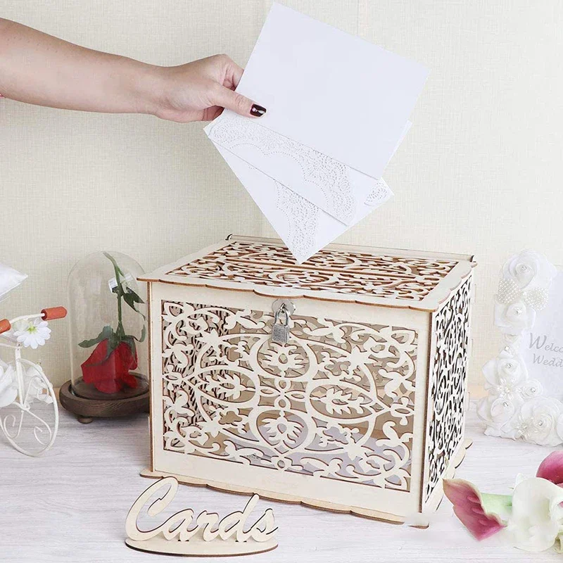 Wedding Card Boxes Hollow Wooden Box Gift Money Holder DIY Decor Supplies for Wedding Party Favors