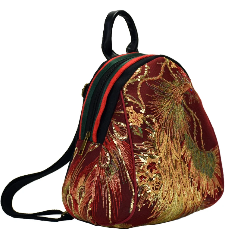 

Vintage Peacock Embroidered Backpack Sequins Canvas Tribal Ethnic Embroidered Floral Backpacks National Women Back Pack Bag