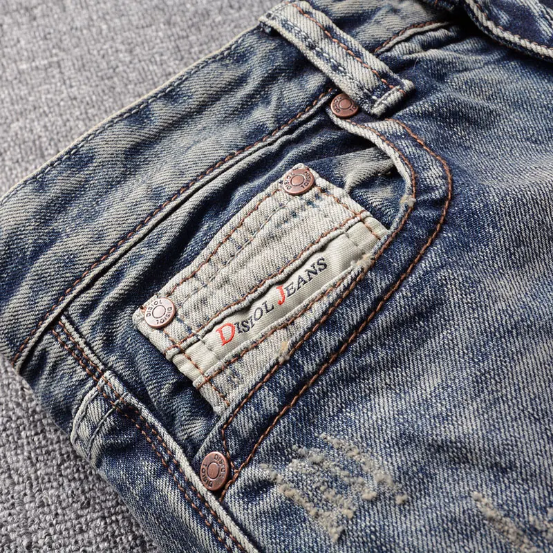 Street Fashion Men Jeans Retro Washed Blue Stretch Slim Fit Ripped Jeans Men Embroidery Patched Designer Vintage Denim Pants