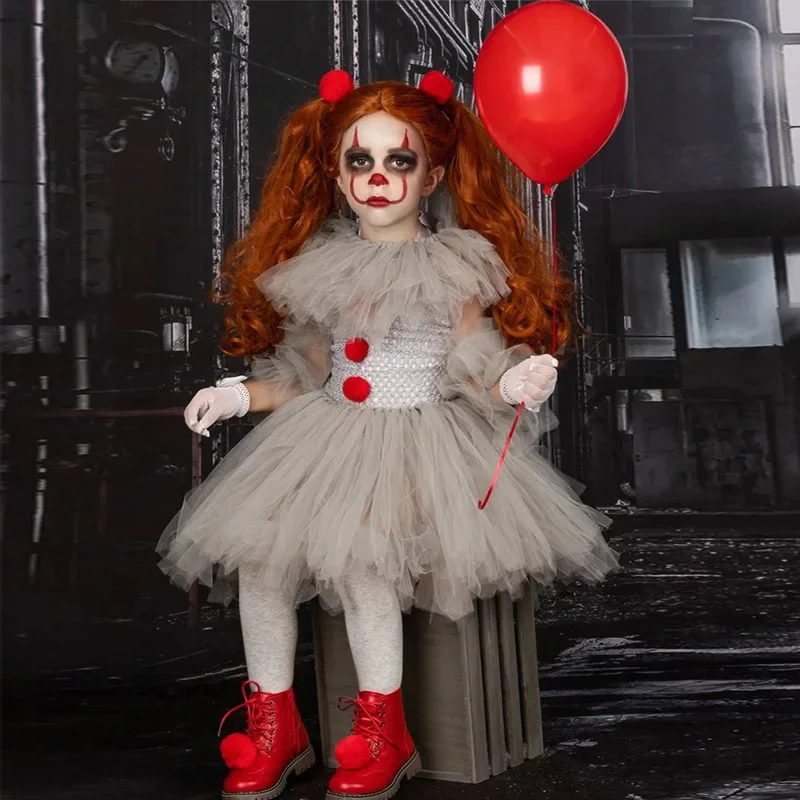 

Halloween girls Pennywise tutu dress Kids Cosplay scary gray clown costume girl performance dress up masquerade party clothing