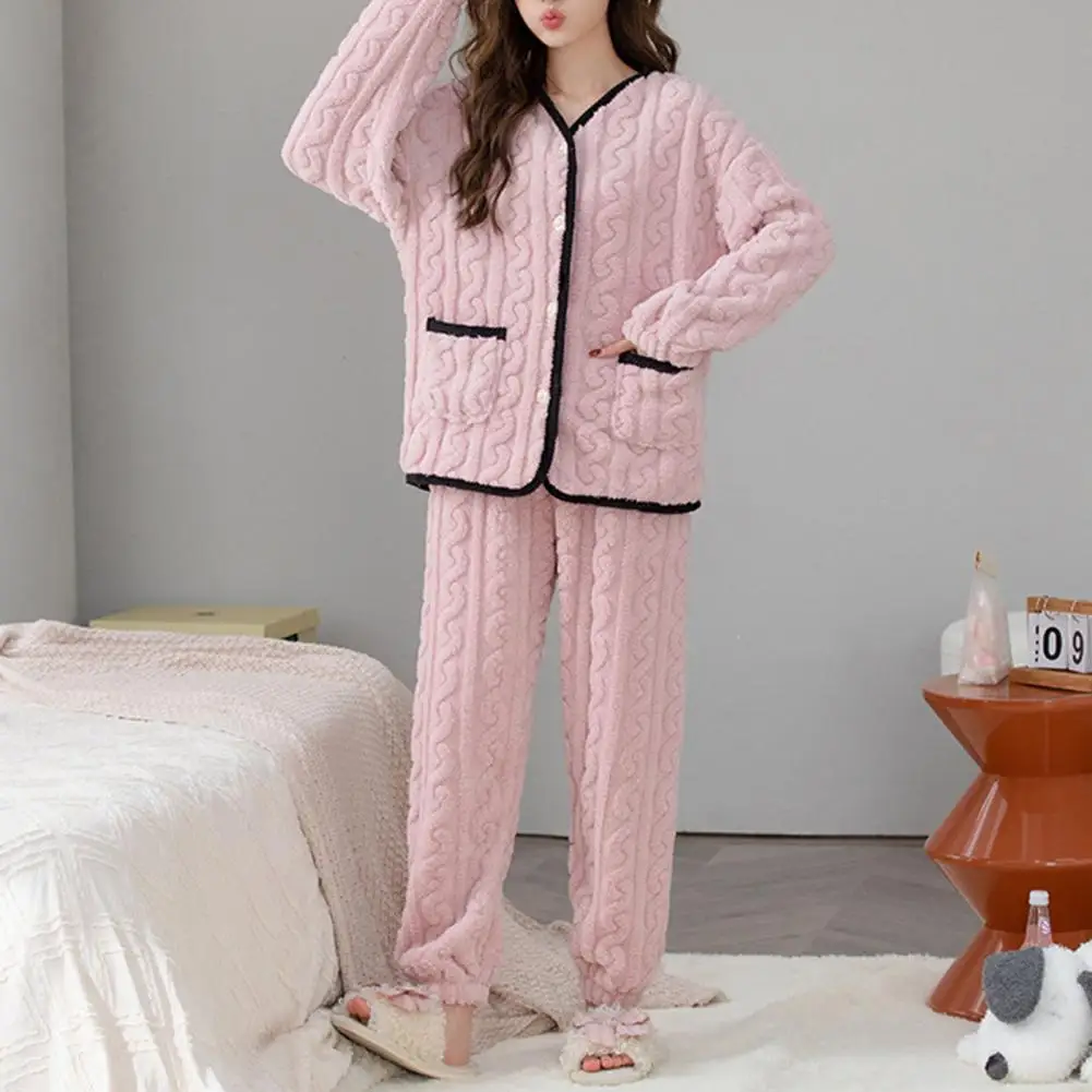 

2 Pcs/Set Women Winter Pajamas Suit Thickened Plush Long Sleeve Single-breasted Coat Elastic Waist Pants Winter Homewear Clothes