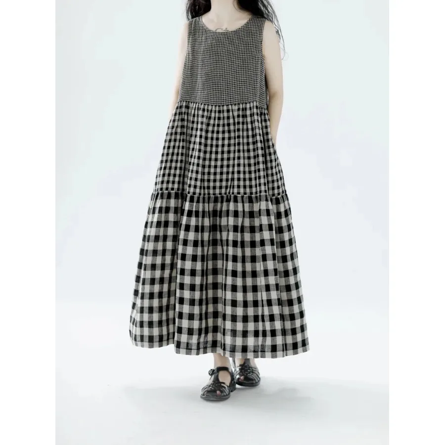 Loose Linen Summer Dr Svel Patchwork Vest Skirt adient Cheered Print n Sle Women's Faion Dr