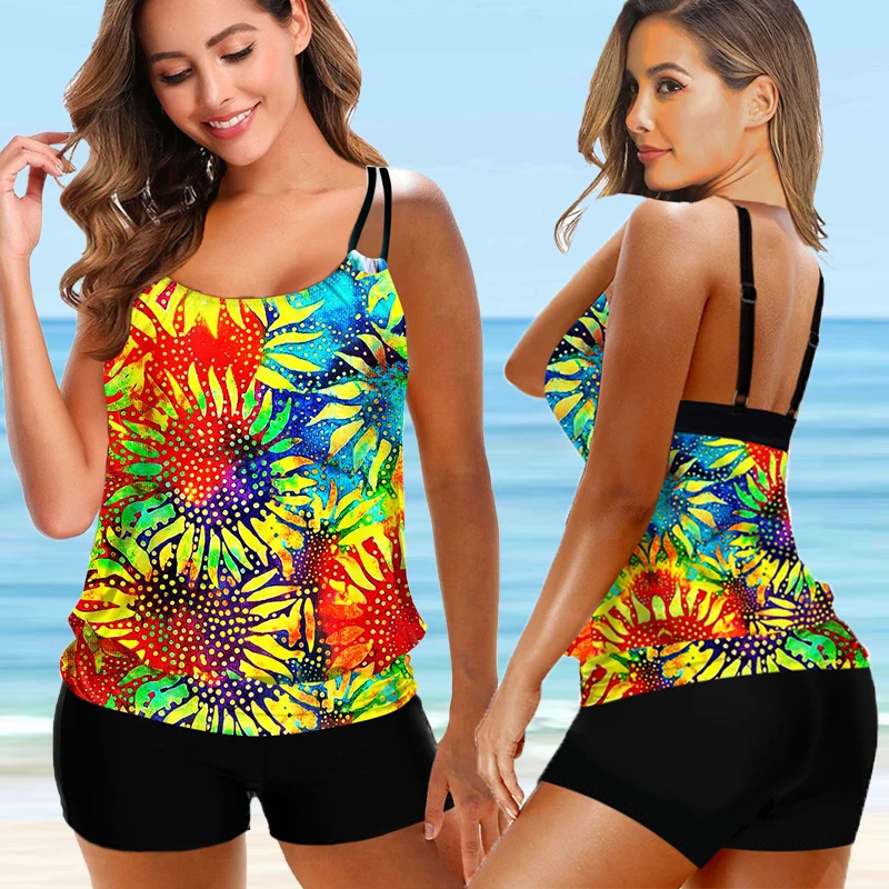 2022 Women Floral Print Two Piece Tankini Set Female Fashion Flower Bikini Swimsuit Women Summer Beachwear Large Size Bathsuit