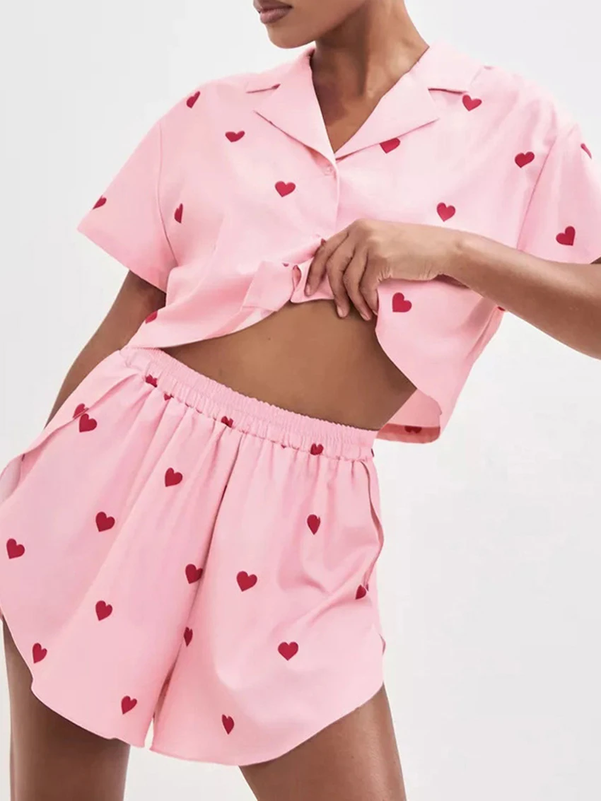 Marthaqiqi Printing Women'S Nightwear Suit Short Sleeve Nightgown Sexy Turn-Down Collar Sleepwear Shorts Loose Femme Nightie Set