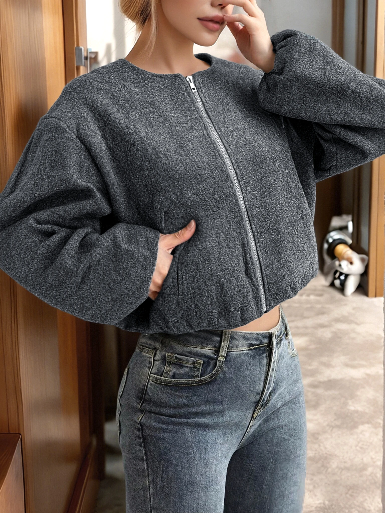 Veste courte à col rond et fermeture éclair pour femme, vêtement d'extérieur doublé en laine, à la mode, pour les déplacements domicile-travail, automne et hiver