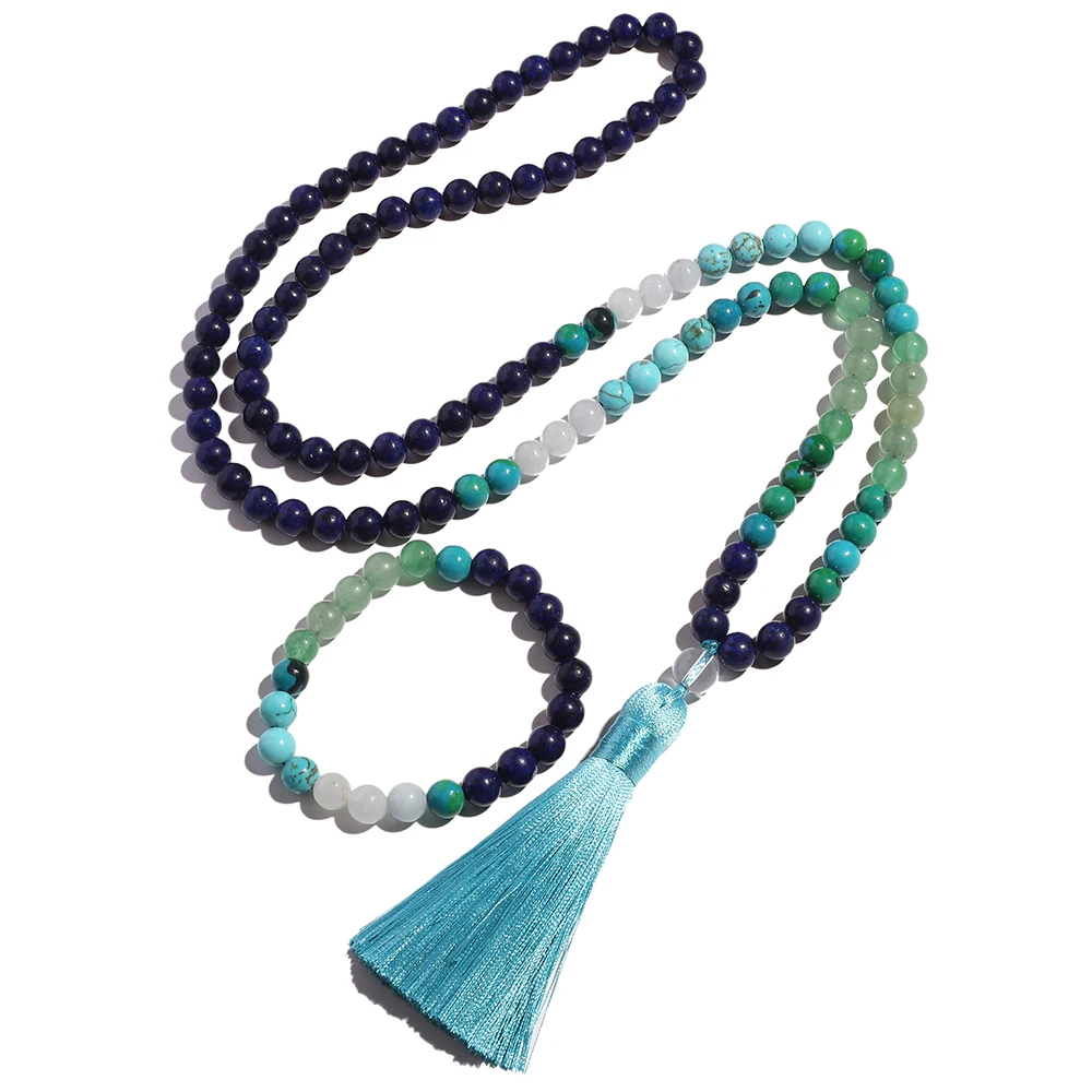 8mm Lapis Lazuli Phoenix Stone Turquoise Necklace Set 108 Mala Meditation Yoga Prayer Rosary for Men and Women Japamala Jewelry