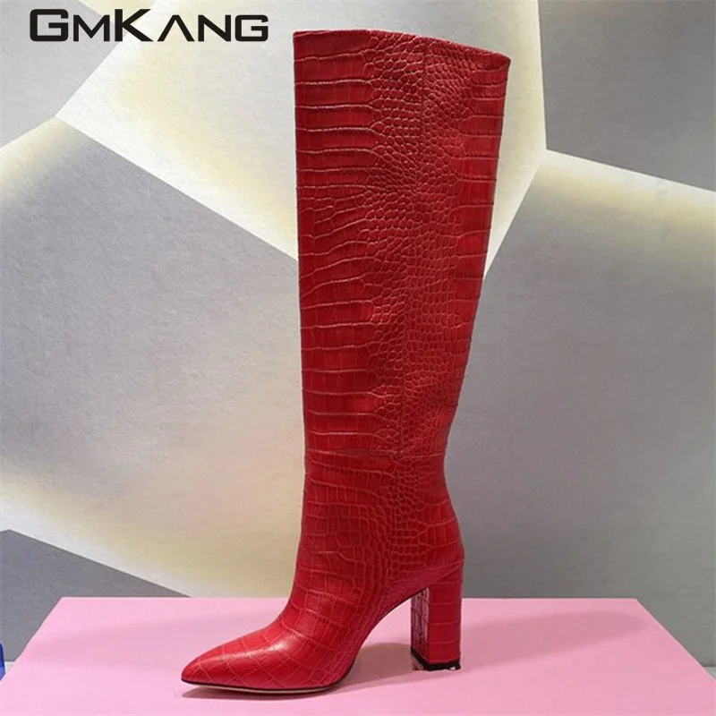 

Runway High Heels Knee High Boots Women Crocodile Pattern Leather Sexy Women Boots Party Shoes Women Thin Heel Long Boots Woman