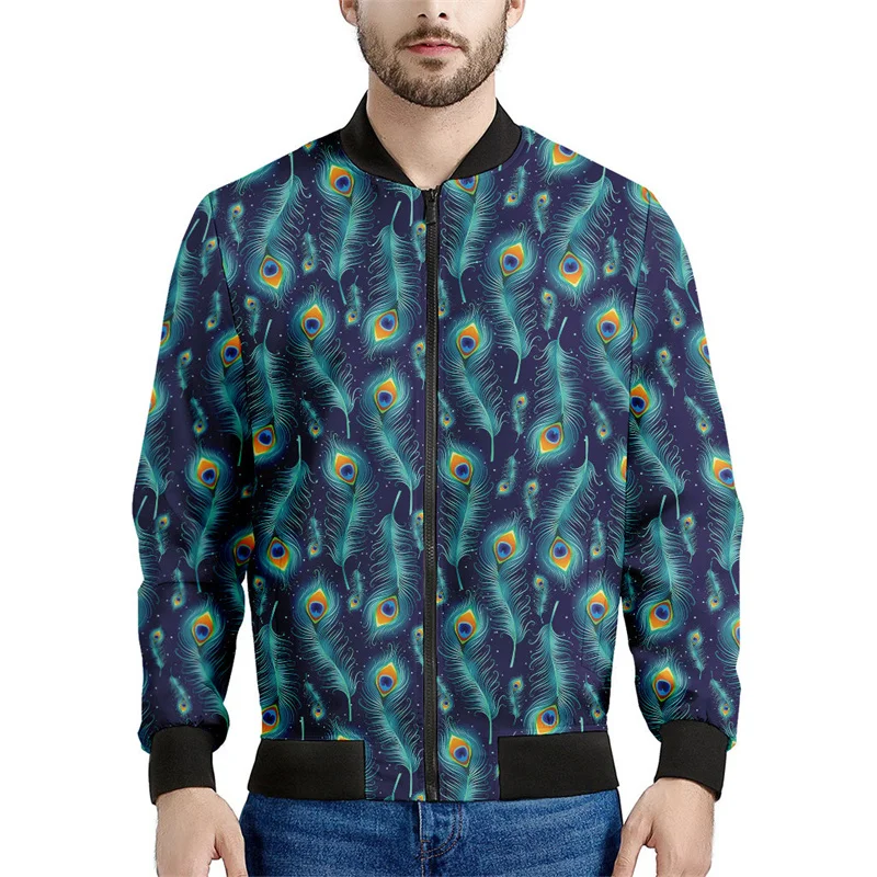 thumbnail image 1 of Chaqueta con cremallera y estampado de plumas de pavo real para hombre, moda floral 3D, mangas largas, informal, holgada, chaqueta, abrigo, ropa de calle, 1 of 4