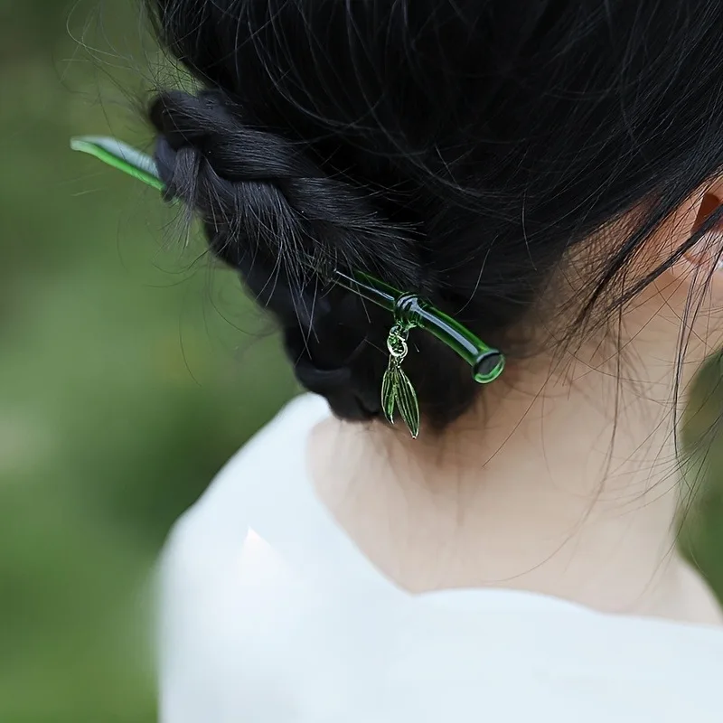 2pcs Chinese Hairpin Retro Bamboo Disc Hair Needle Resin Material Women Daily Hair Accessories