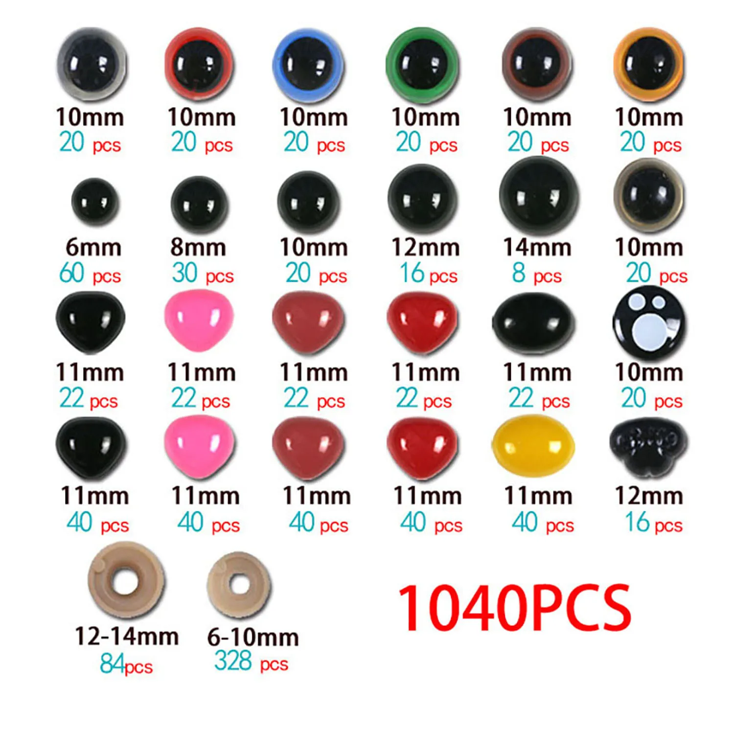 1040pcs Plastic Safety Eyes and Noses for Plush Animal with Washers Assorted Sizes plastic safety eyes googly doll eyes plastic toy eyes doll eyes doll handmade accessories craft supplies