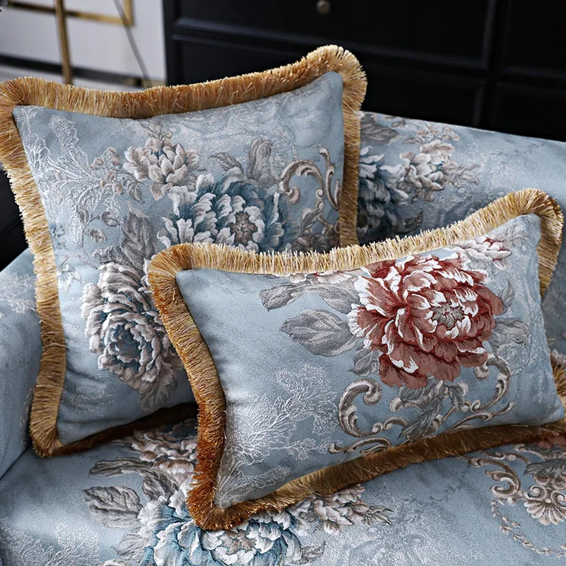 

Blue Chenille Jacquard Pillow Cover Living Room Bedroom Rectangular Backrest Cover Decorative Pillowcases with Thread Tassels