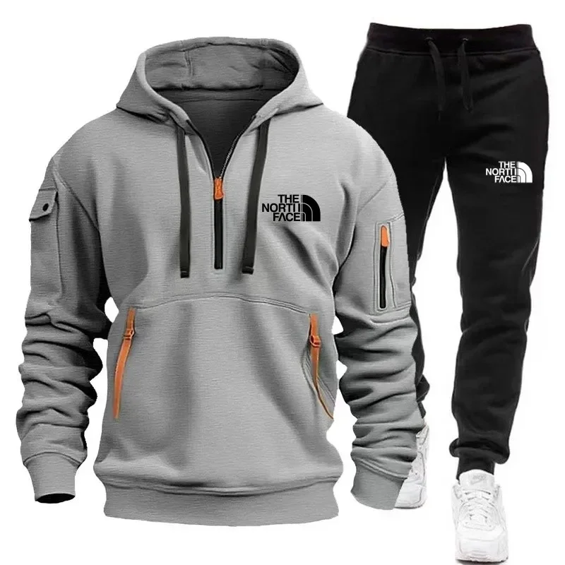 New 2025 autumn/winter men's hooded sweatshirt sport set, outdoor thickened zipper men's pullover + long pants 2-piece set view 5