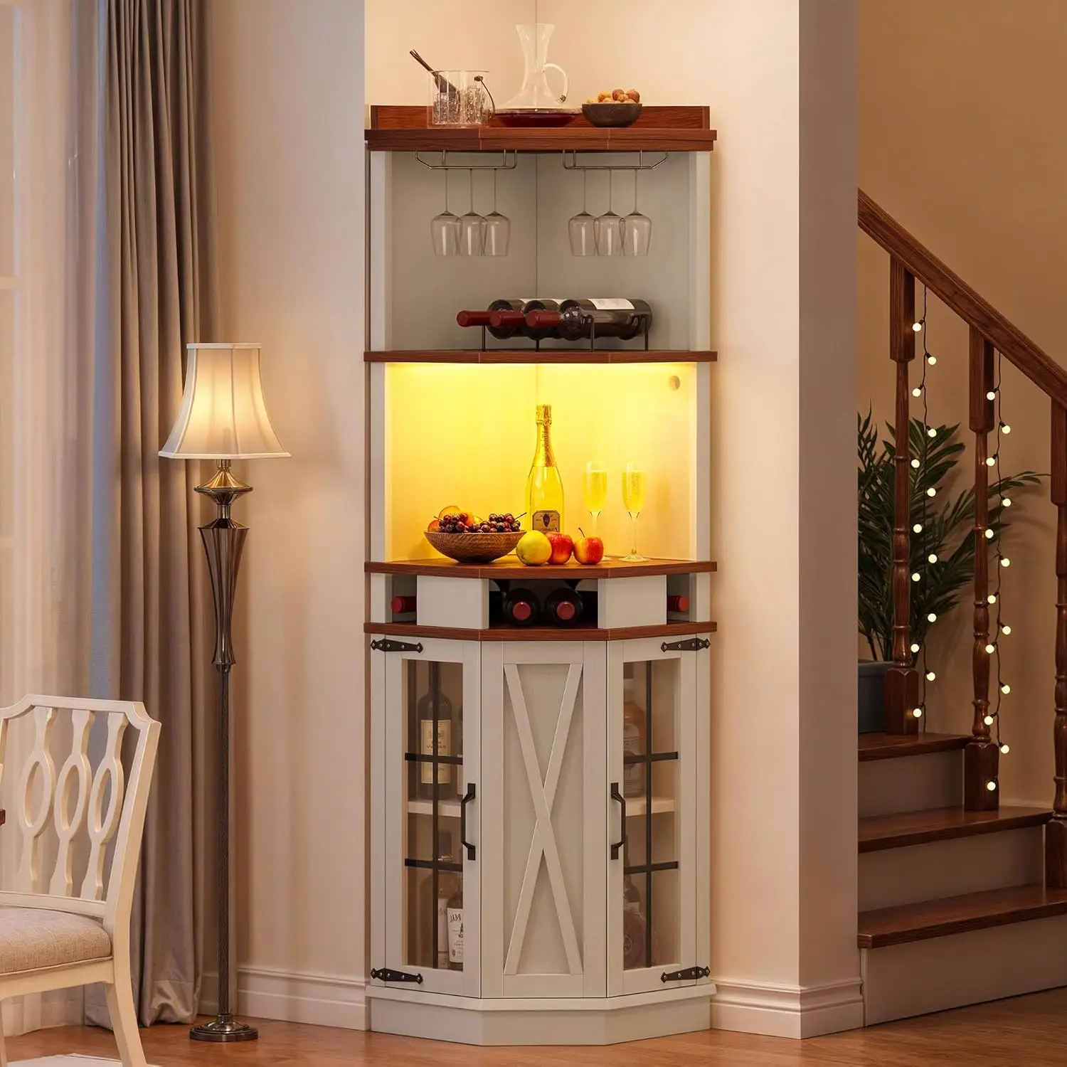 Corner Bar Cabinet with Glass Door & LED Lights, 72" Tall Farmhouse Liquor Cabinet Bar with Glass & Wine Holder, 6-Tiers Alcohol