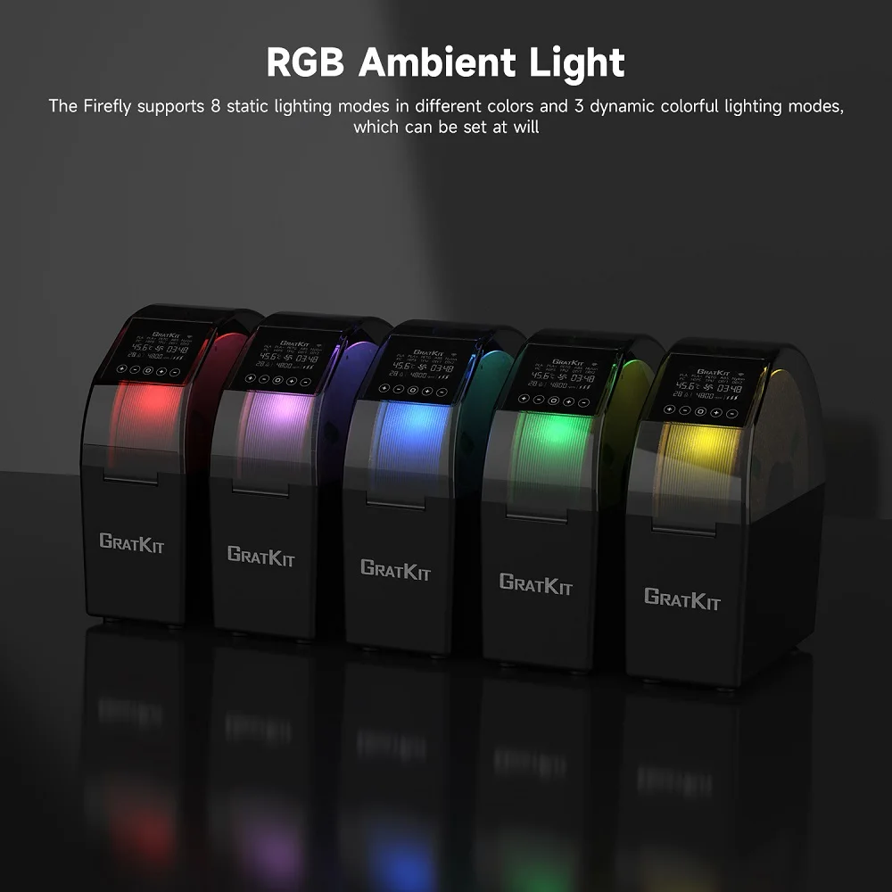 GratKit 반딧불 3D 필라멘트 건조기 상자, 투야 앱 제어, RGB 주변 LED 조명, 3D 인쇄 도구
