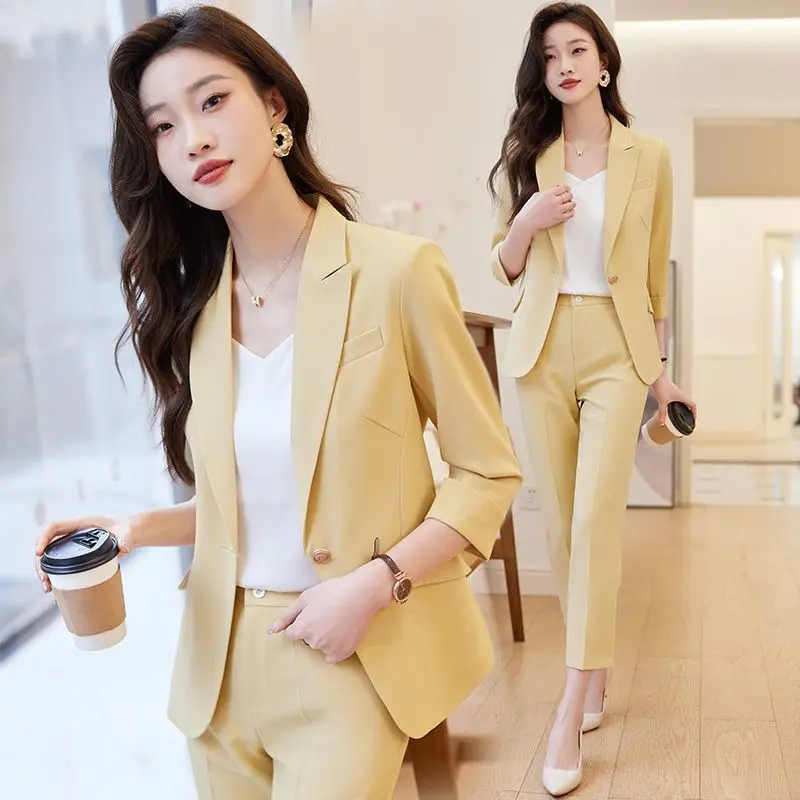 

Women Spring Summer Thin Yellow Blazer Pants Two Piece Set Korean Office Lady Slim Three Quarter Suit Jacket Trousers Outfits