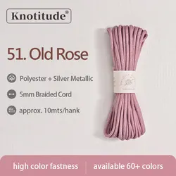 Silver Glossy Polyester Braid Rope with Shiny Lurex Metallic Finish - Ideal for DIY Jewelry Projects, 5mm x 10m (51. Old Rose)