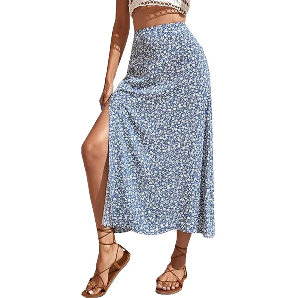Side Split Summer Printed Long Skirt For Women High Waist Straight Calf