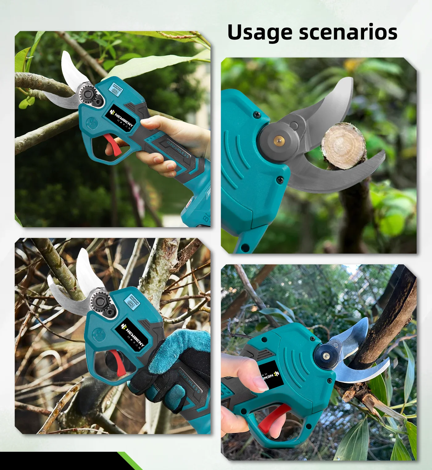 NEWBENY 30mm Kabellose Bürstenlose Elektrische Astschere mit 4 Gängen für Obstbäume, Garten und Bonsai, Kompatibel mit Makita-Akkus – Detail 8