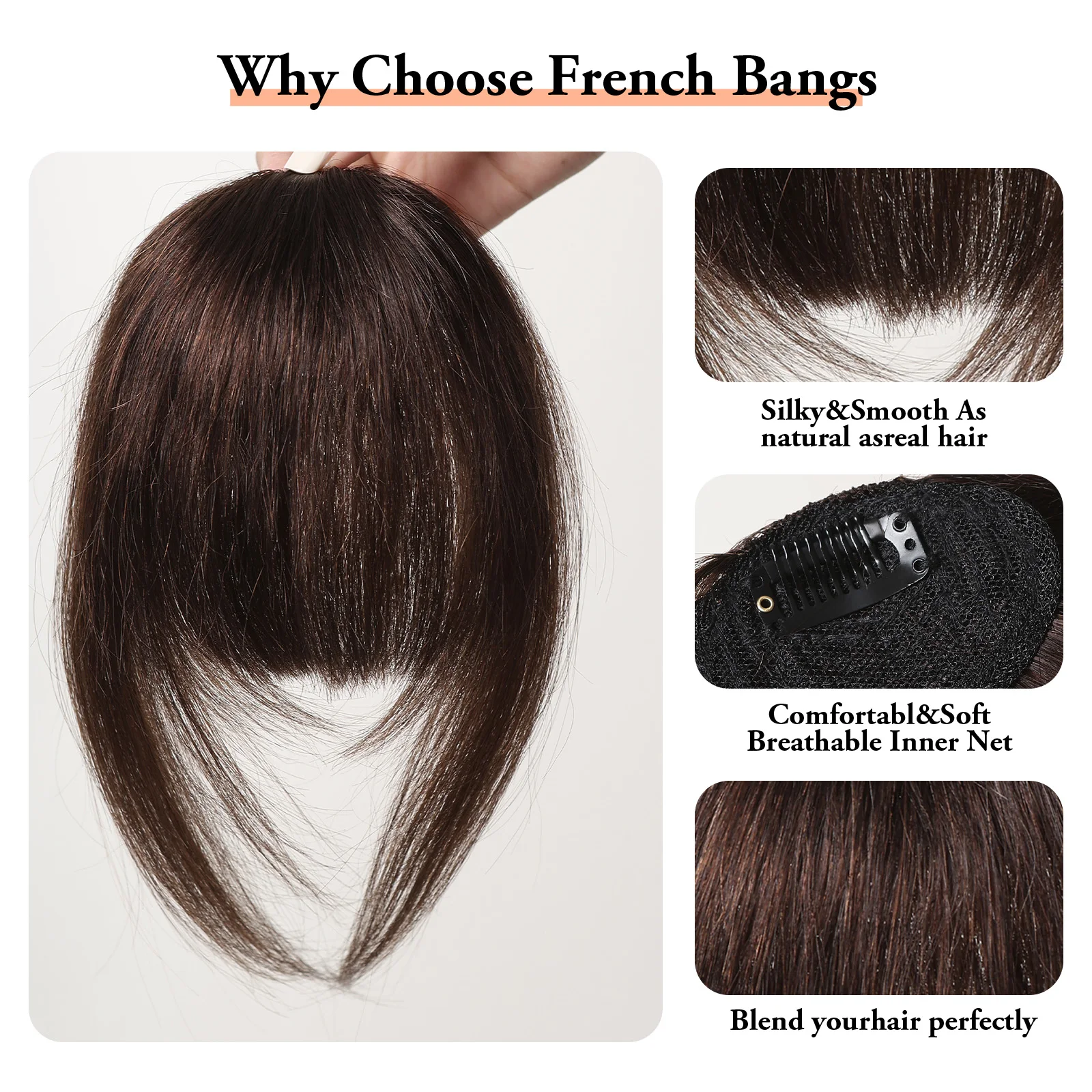 Hair Clip in Bangs 100% Human Hair Extention Natural Dark Brown French Bang Flat Neat Fake Thick Hairpieces Bang for Women Daily