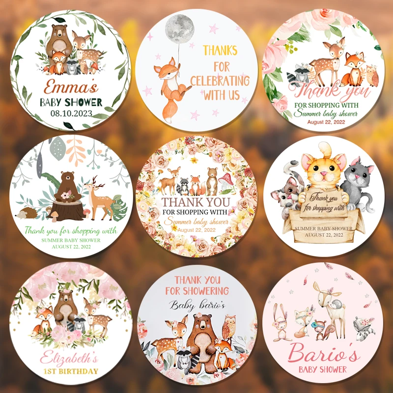 

Custom Woodland Birthday Stickers Labels Personalized Baptism Thank You Favor Stickers Kid 1st Wild One Newborn Party Supplies