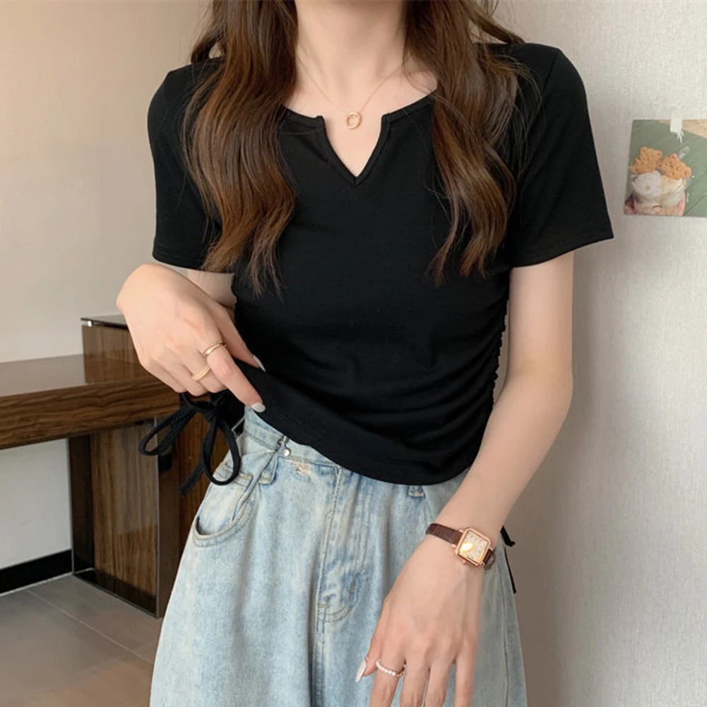 

Student Top T-Shirt Solid Color Fashion Korean Sexy Short-sleeved Slim Summer Trendy V-neck Clothing Drawstring