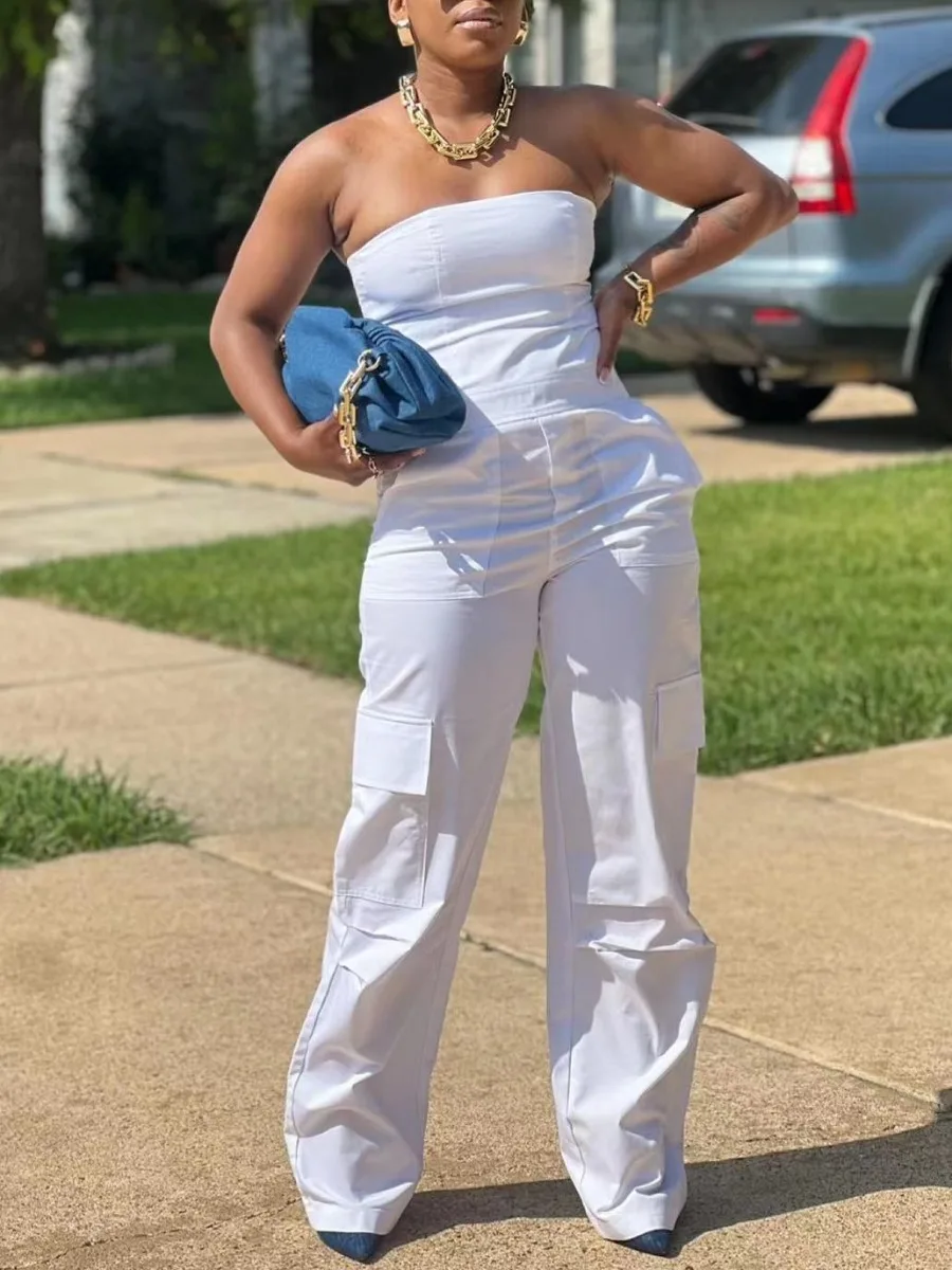 

LW Bandeau Neck White Jumpsuits Sexy Plain Pocket One Piece Casual Streetwears Sleeveless Wide Leg Cargo Long Pants