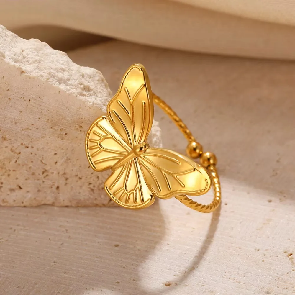 Cute Butterfly Stainless Steel Adjustable Ring Color Gold For Women