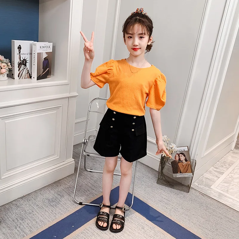 

Korean Children's Clothing Set 2023 Halter Top + Pure Color Shorts 2pcs Set Cute Teenage Kids Outfits Suit 5 7 9 11 Year Clothes