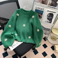Loose Thickened Autumn Winter Green Vintage Women's Sweater Crew Neck Pullover Outerwear Soft Cozy Small Size Lazy High-End Feel