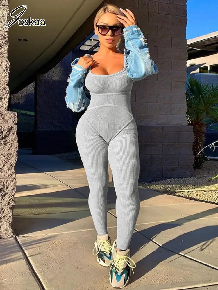 

Joskaa Knit Ribbed Solid Jumpsuit Women Casual Spaghetti Strap Low Cut Skinny One Piece Rompers 2024 Fashion Overalls Sportswear