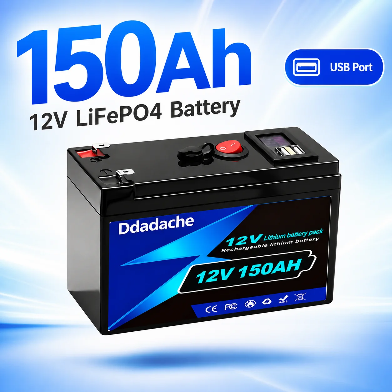 Long Life 12V 150Ah LiFePO4 Battery 1920Wh Deep Cycle Lithium Iron Phosphate Pack with BMS for Home Solar Storage RV Marine Off-Grid